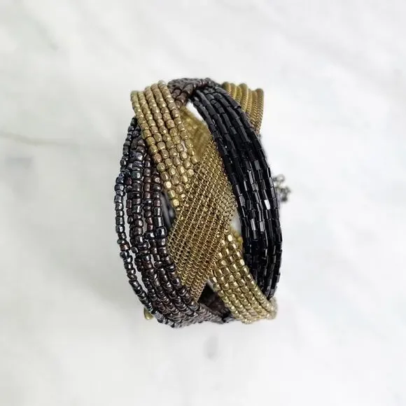 Metallic Tones Criss Cross Beaded Cuff Bracelet - Picture 2 of 6